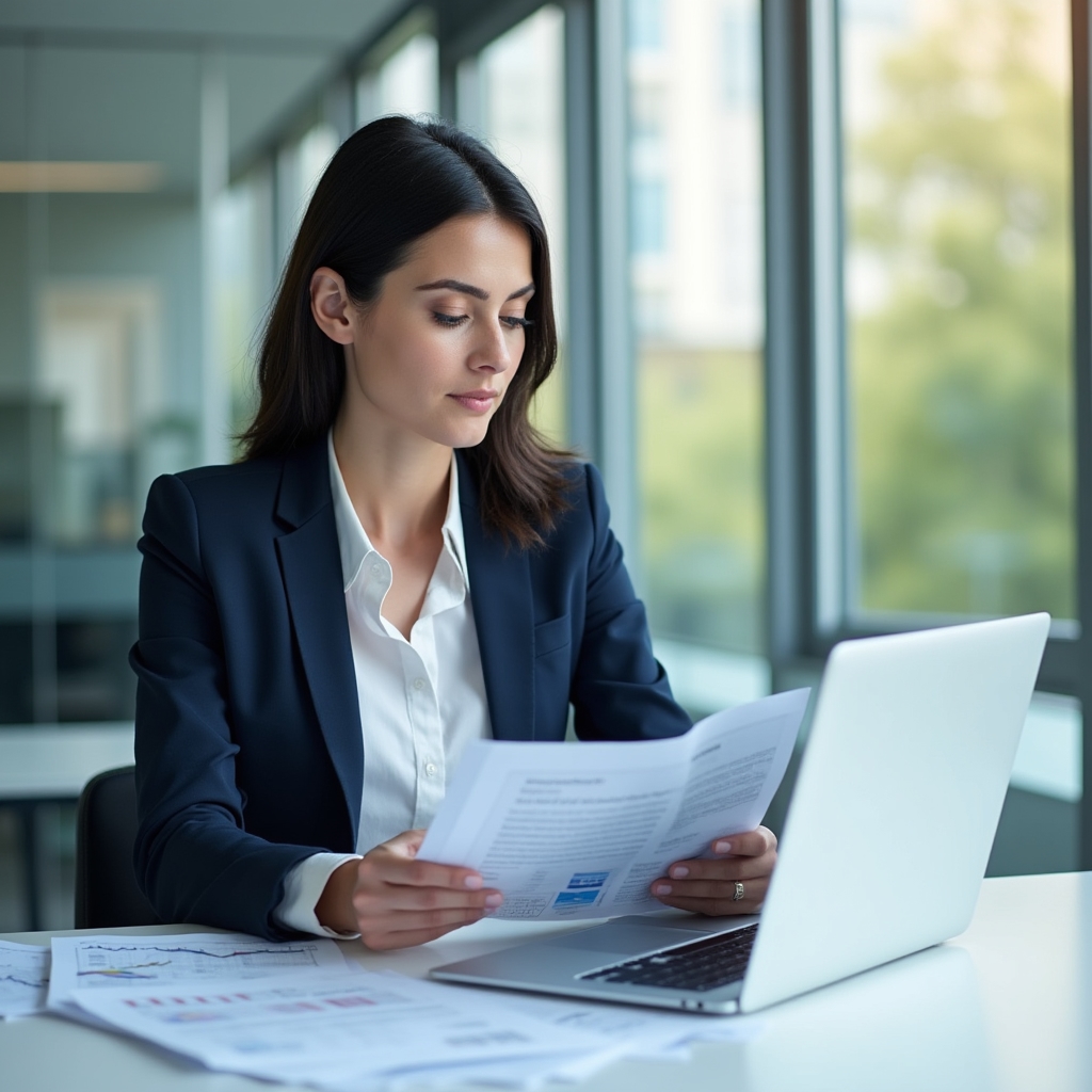 Professional woman in her 30s reviewing official BNR statistical reports on a laptop in a bright modern office