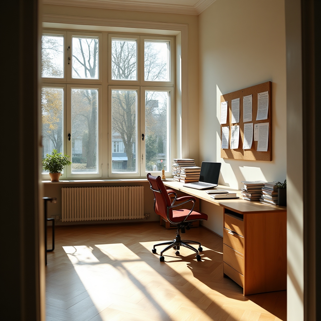 Bright modern office workspace in Bucharest with large windows overlooking a tree-lined street, wooden desk, open books and printed articles, warm afternoon light