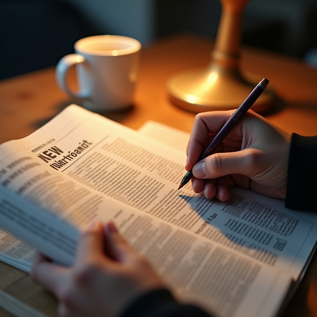 Close-up of hands holding a financial newspaper with pencil annotations, coffee cup in background, warm desk lighting
