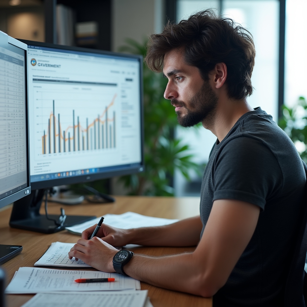 Man in his early 30s working at a dual-monitor setup showing statistical charts and data tables, focused expression, modern open-plan office, natural daylight