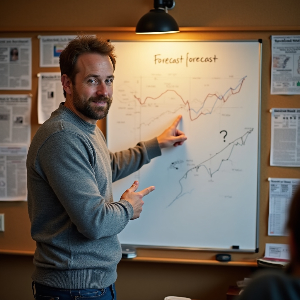 Man in his early 30s pointing at a whiteboard showing economic forecast charts with question marks and actual outcome lines diverging