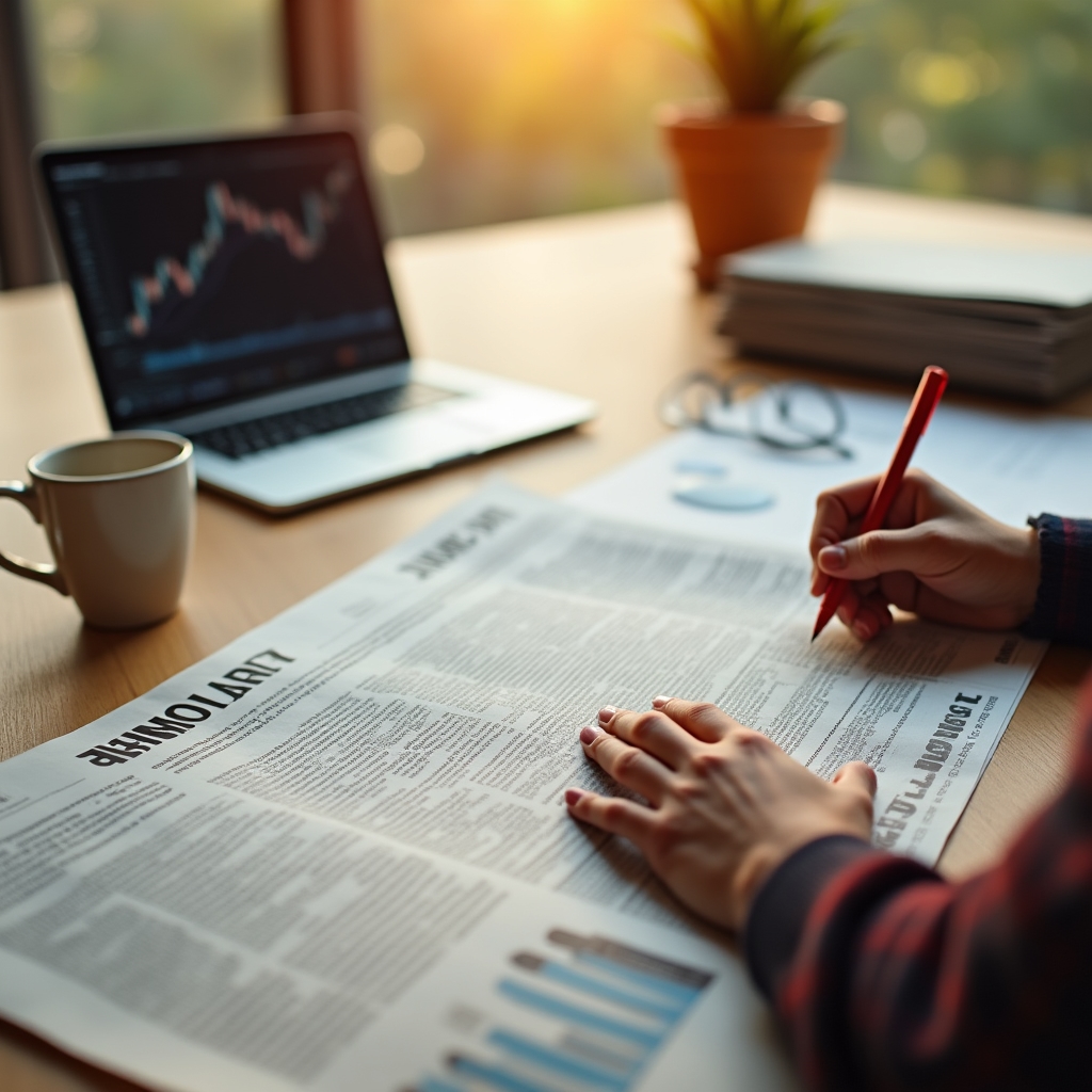 Journalist reviewing financial newspaper pages at a desk with annotations