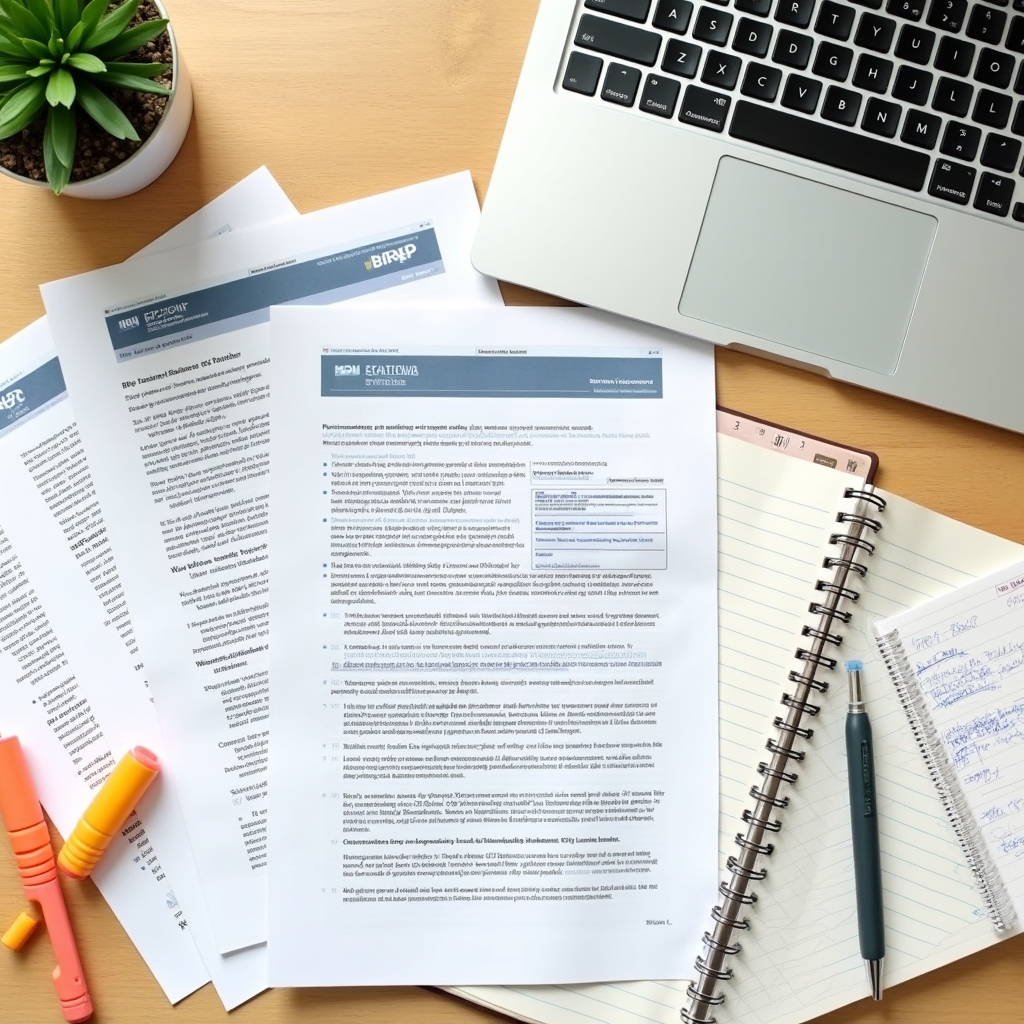 Close-up of a research desk with printed statistical reports, highlighters, a notebook with handwritten notes, and a laptop showing the BNR website, organised and purposeful