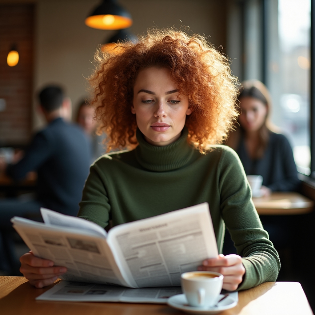 Young Romanian woman in her late 20s reading a newspaper at a cafe table, coffee cup nearby, natural window light, thoughtful expression