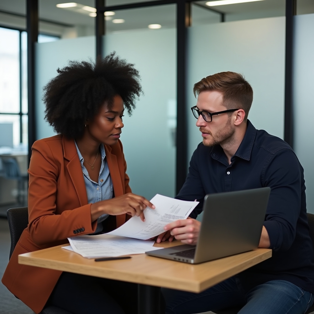 Two professionals in their late 20s discussing content around a small table with laptops and printed documents, collaborative atmosphere, natural light from side window