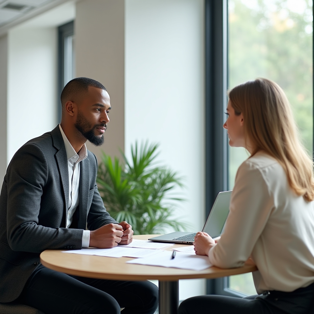 Two professionals in their early 30s having a focused conversation across a desk, documents visible, bright modern office interior, calm professional atmosphere